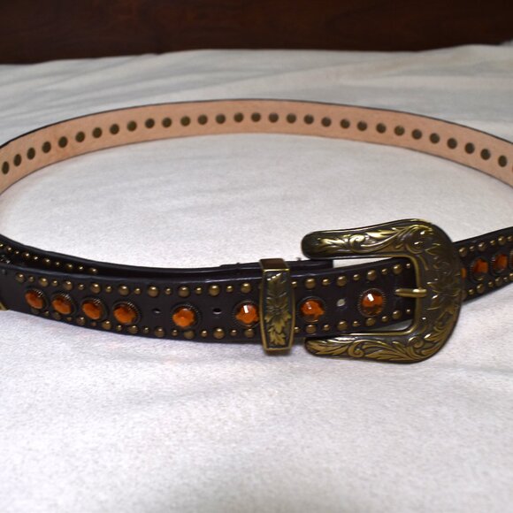 Western Rhinestone Studded Leather Belt Dark Brown XL Orange Stones - Picture 8 of 10